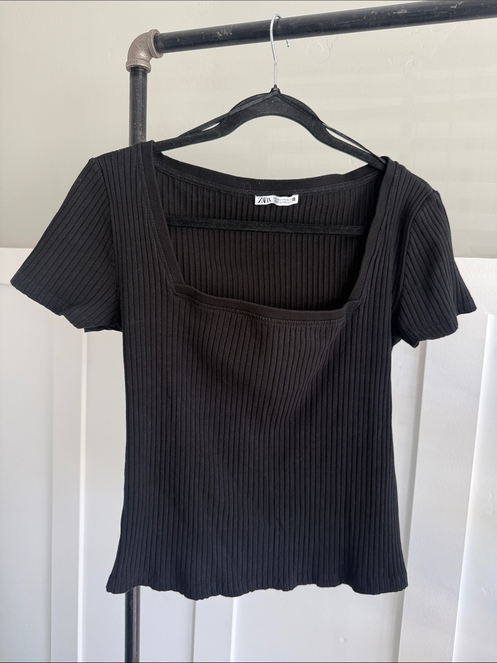 Zara Black Ribbed Square-Neck Short Sleeve Top